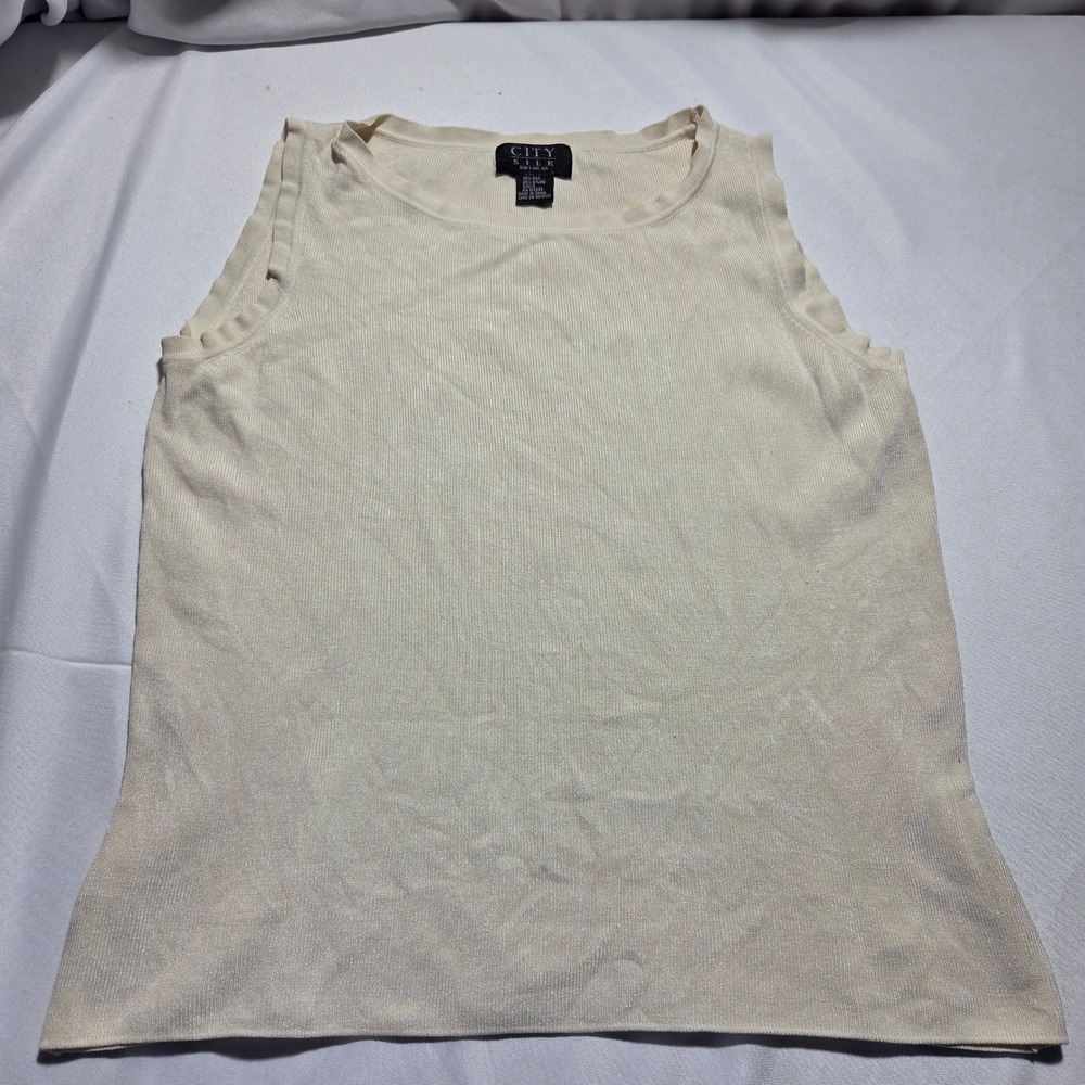 City Silk Knit Tank Top Cream Sleeveless Shell Crew Neck Silk Blend S *SEE DESC*